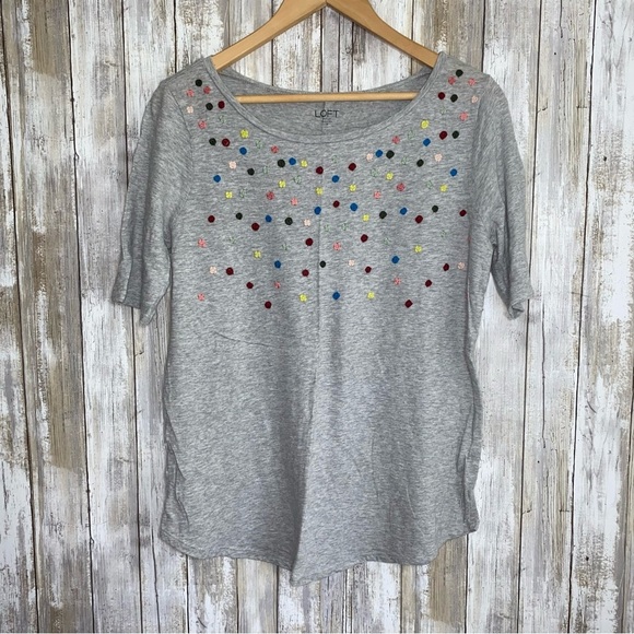 LOFT Tops - Loft Grey Embroidered Neck Floral Blouse